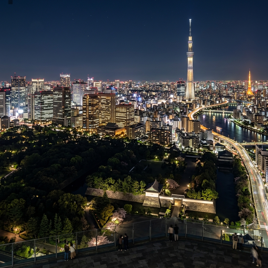日比谷・丸の内：地上160mから望む、皇居の緑と東京駅のパノラマ夜景